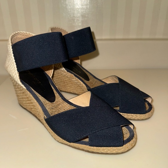 Andre Assous Navy Canvas Erika CrissCross Espadrille Wedge Sandals - Picture 1 of 15
